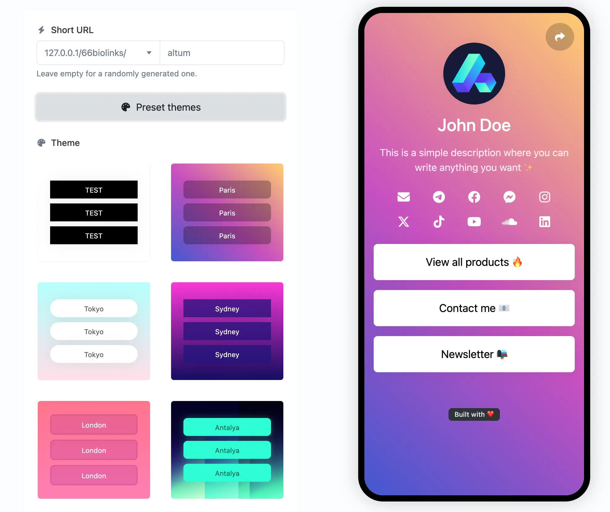 Captura de tela da página de edição do biolink do aplicativo